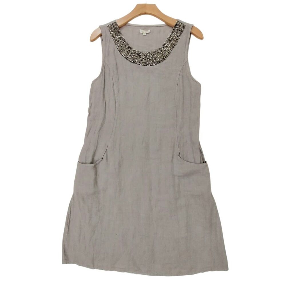 Lina Tomei Linen Dress Women Large Gray Sleeveless Beaded Neck Italian Lagenlook